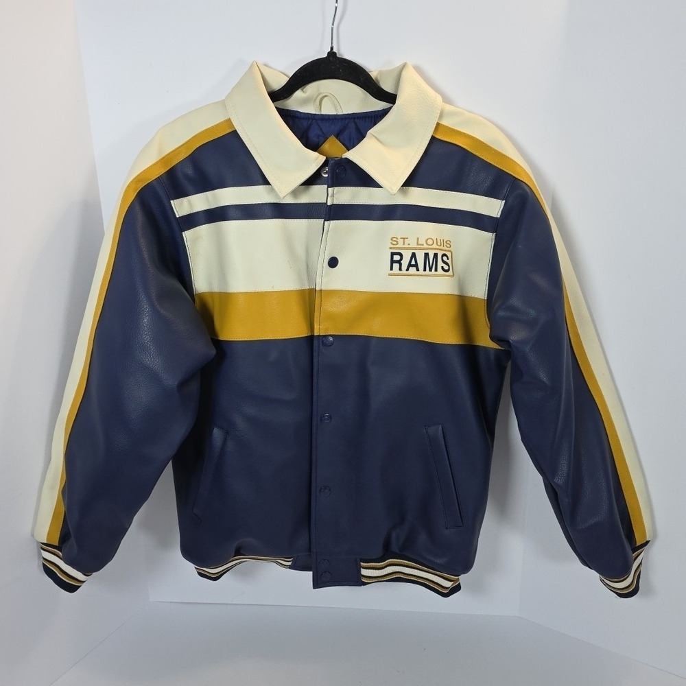 NFL St. Louis Rams Leather Bomber Jacket Size Kids L 16/18 Mighty Mac Sport Vntg